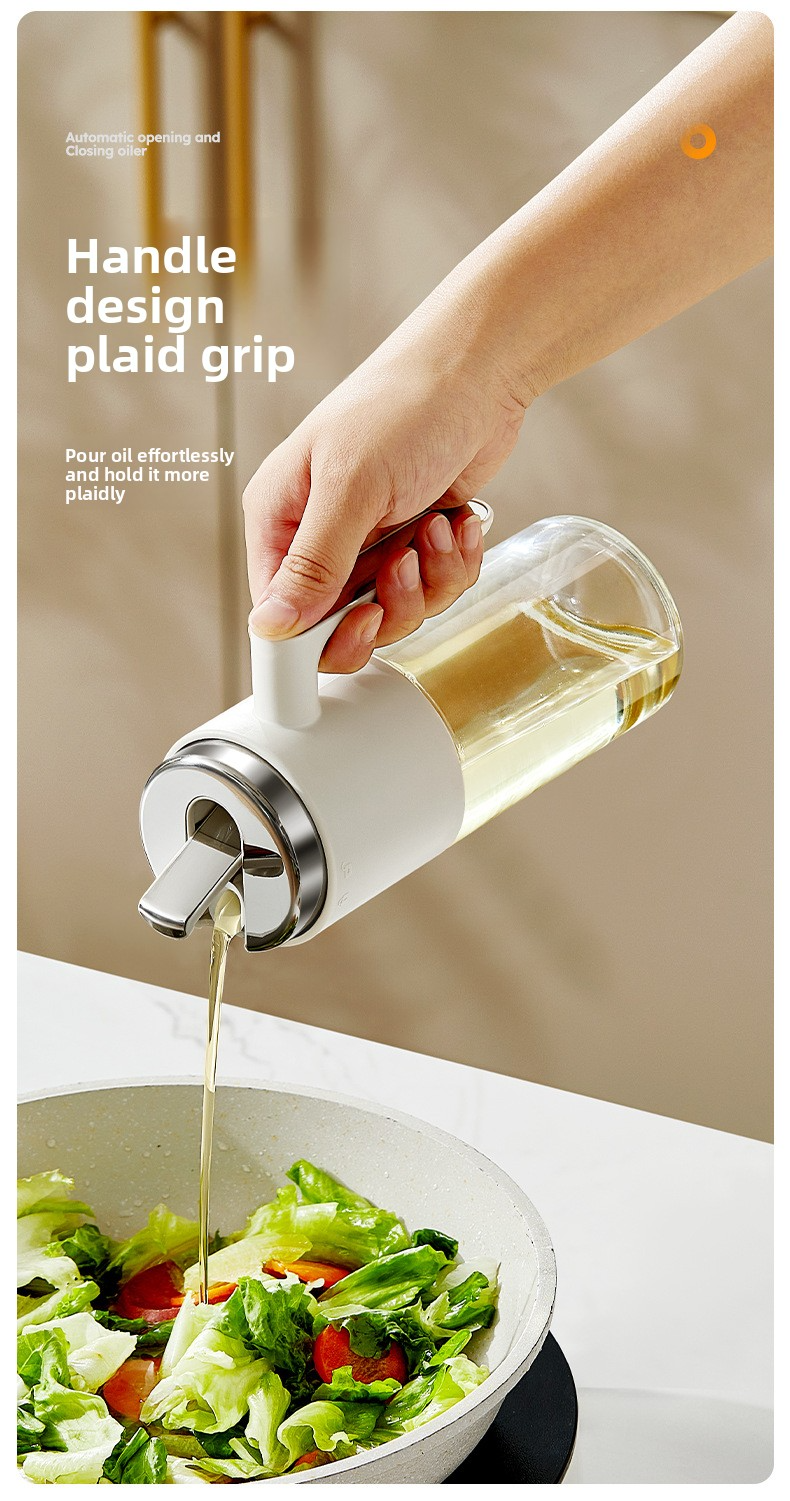Garrafa dispensadora de óleo de vidro com tampa de aço inoxidável com abertura automática – Garrafa de cozinha à prova de vazamentos para óleo, vinagre e molho de soja (estilo minimalista moderno)_voghion.com
