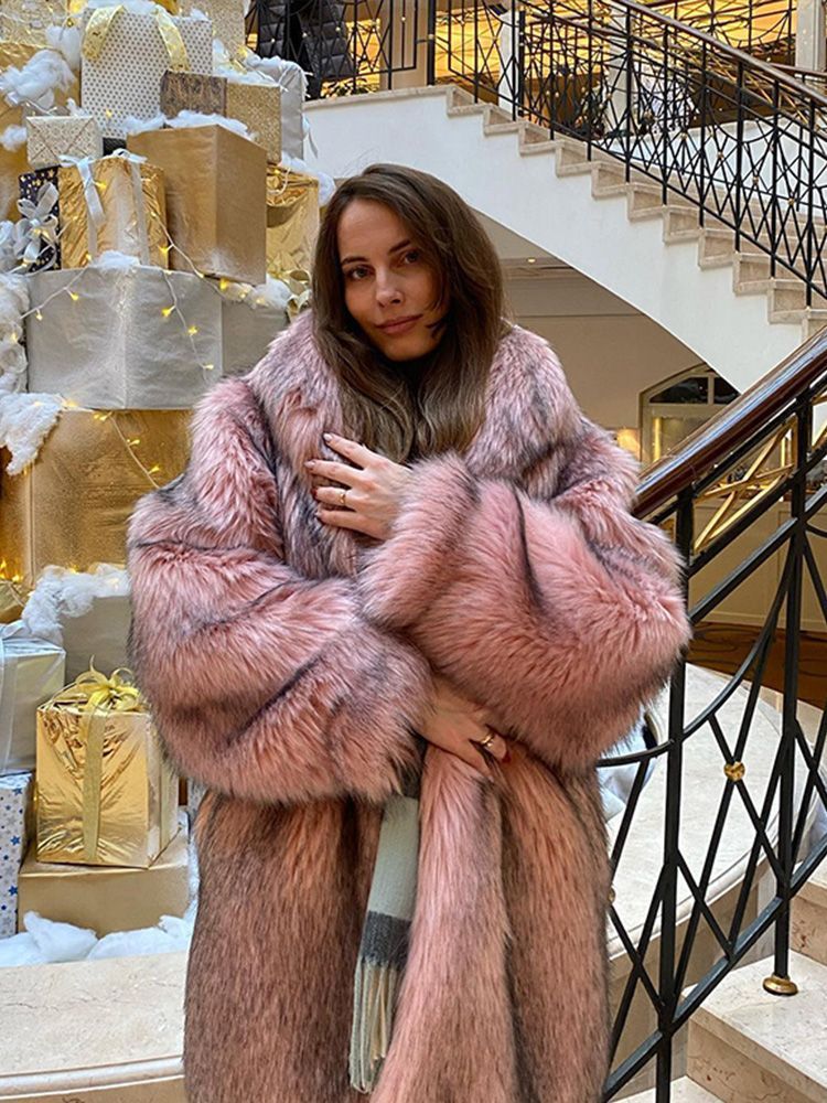Cappotto di pelliccia sintetica di lusso da donna, giacca invernale in similpelle, caldo, aperto sul davanti, lungo, elegante, con cappuccio, rosa tenue._voghion.com