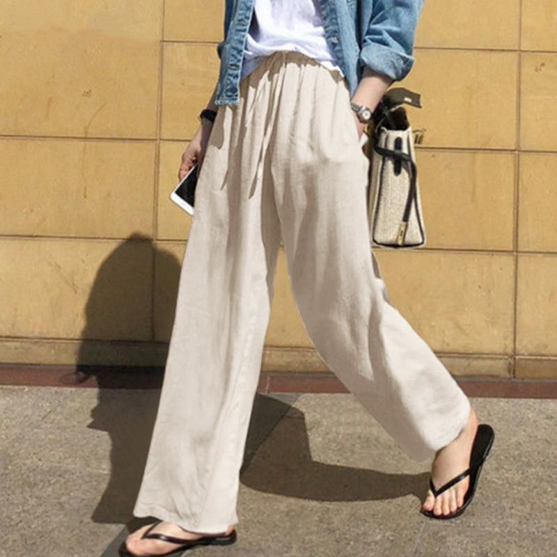 Pantaloni a gamba larga da donna, pantaloni di lino da donna alla moda a vita alta, pantaloni larghi casual in tinta unita all'ingrosso_voghion.com
