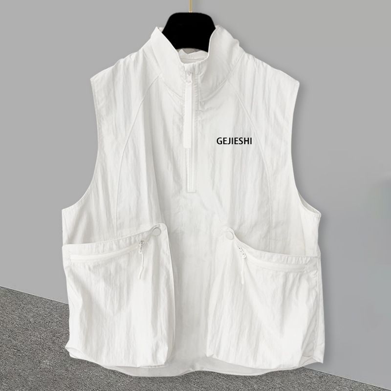Herrenbekleidung Halbreißverschluss bestickte Stehkragenweste Anzug Herren Sommer koreanischen Stil trendiges Reißverschlusstaschen-Design lässig ärmelloses T-Shirt_voghion.com