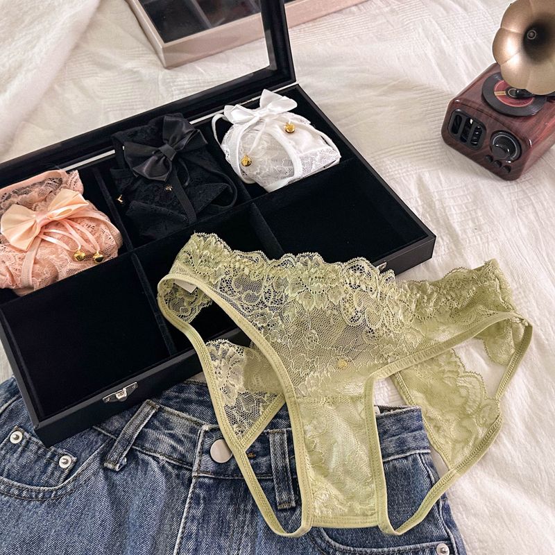 luckyqqyp The Bell Rings, Pure Desire Appears ~ French Lace Light Hollow Low Waist Sexy Open Crotch Triangle Panties For_voghion.com