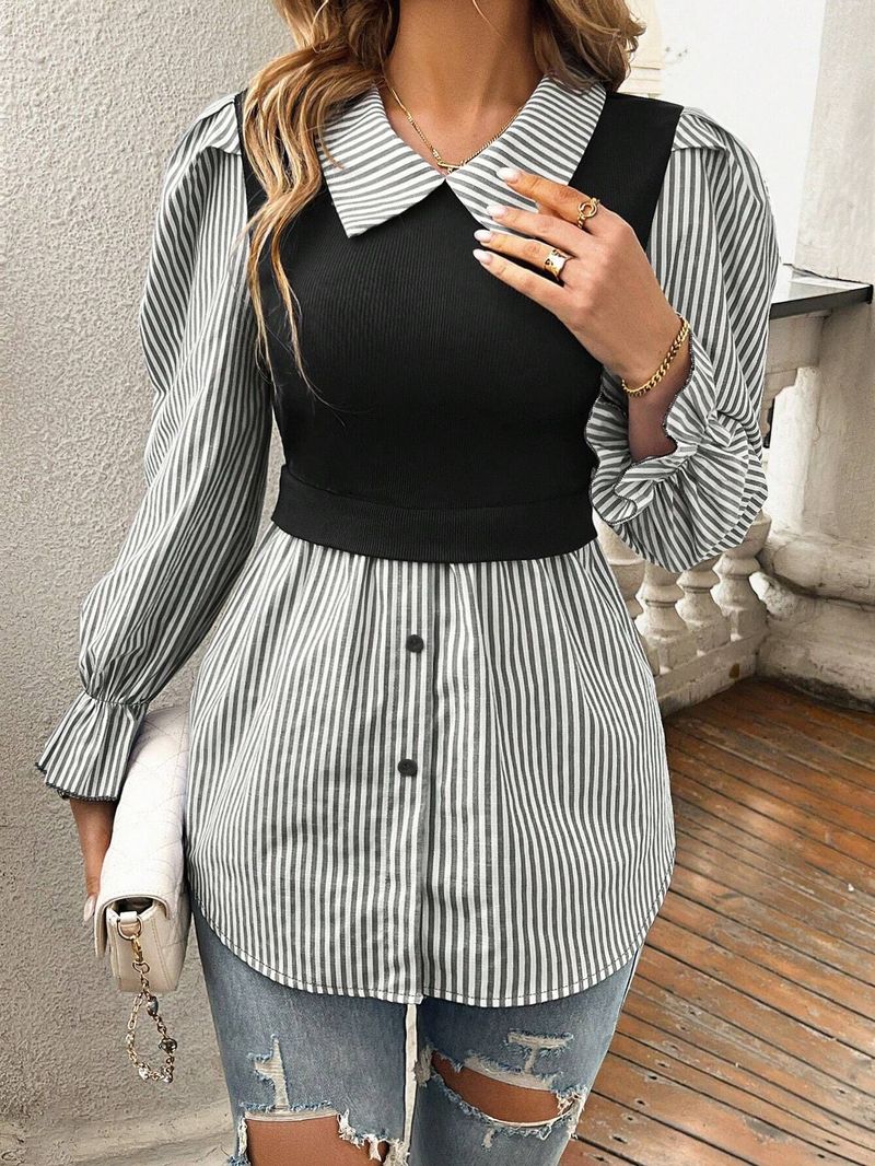 Chaleco de punto de dos piezas con capas y botones a rayas en contraste y solapa para mujer_voghion.com