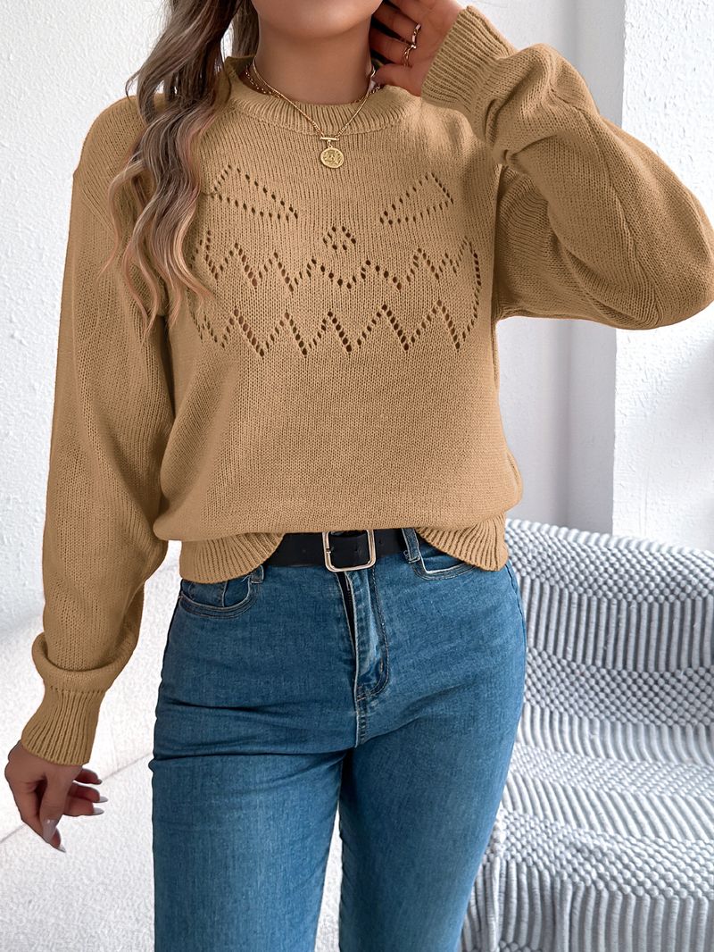 2025 Solid Color Hollow Lantern Long Sleeve Pullover Sweater Halloween Women's Clothing_voghion.com