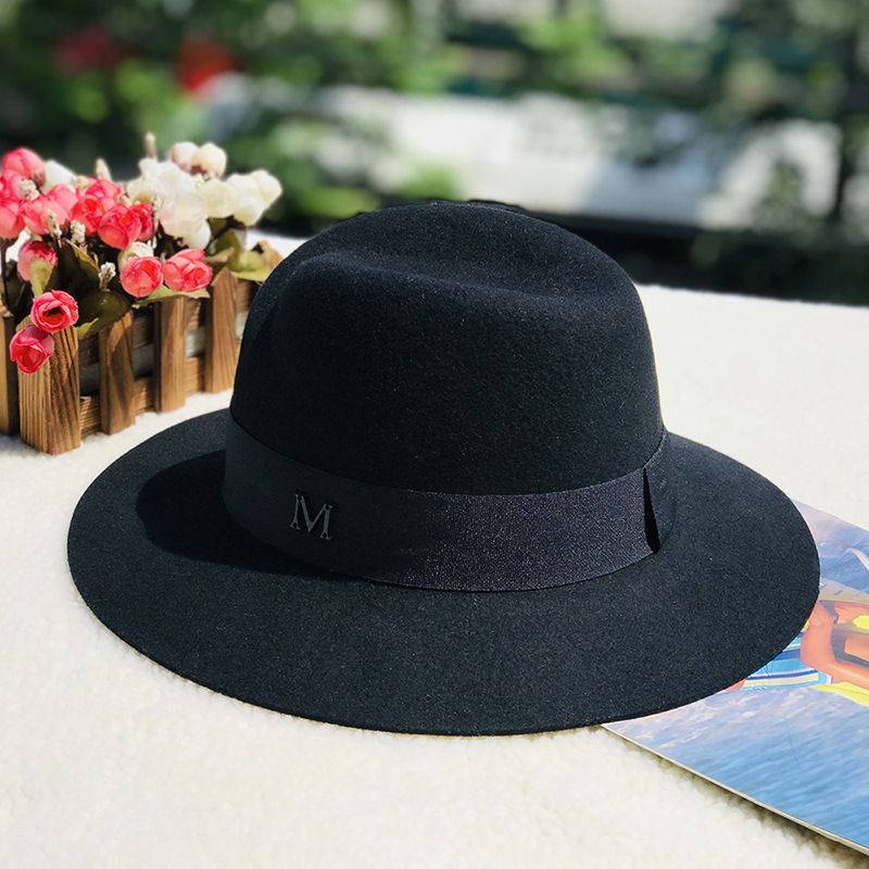 Autumn and winter oblique top hat British pepper letter M wool wide brim hat wool hat_voghion.com