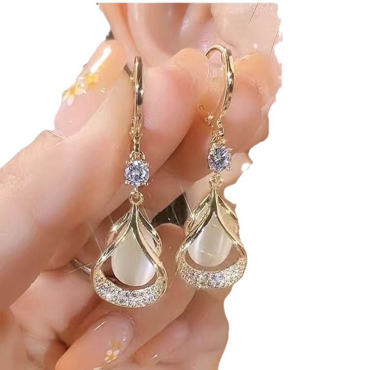 Orecchini pendenti a clip con pietra occhio di gatto di alta qualità, geometrici, leggeri, eleganti e di lusso, per assottigliare il viso._voghion.com