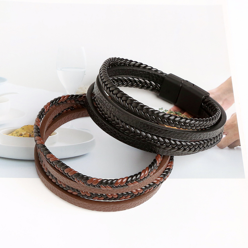 new leather hand woven bracelet men's magnet buckle stainless steel bracelet jewelry women's_voghion.com