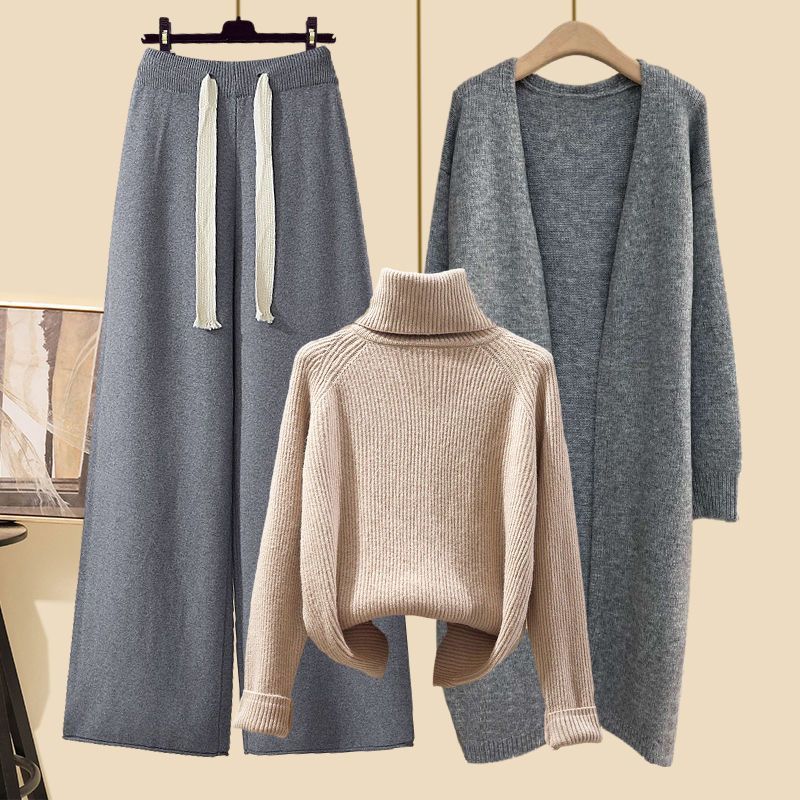 Damen Kleeder Hierscht Kostüm fir Fraen nei Mëtt Längt Cardigan Jacket mat héich Hals Pullover schlank breet Been Hosen Dräi Stéck Kostüm_voghion.com