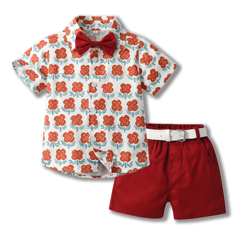 Kinderkleidung, Sommer-Kinderrevers, Baumwollhemd, Schleife, kurzärmlige Strickjacke, Jungen-Shorts, zweiteiliges Set_voghion.com