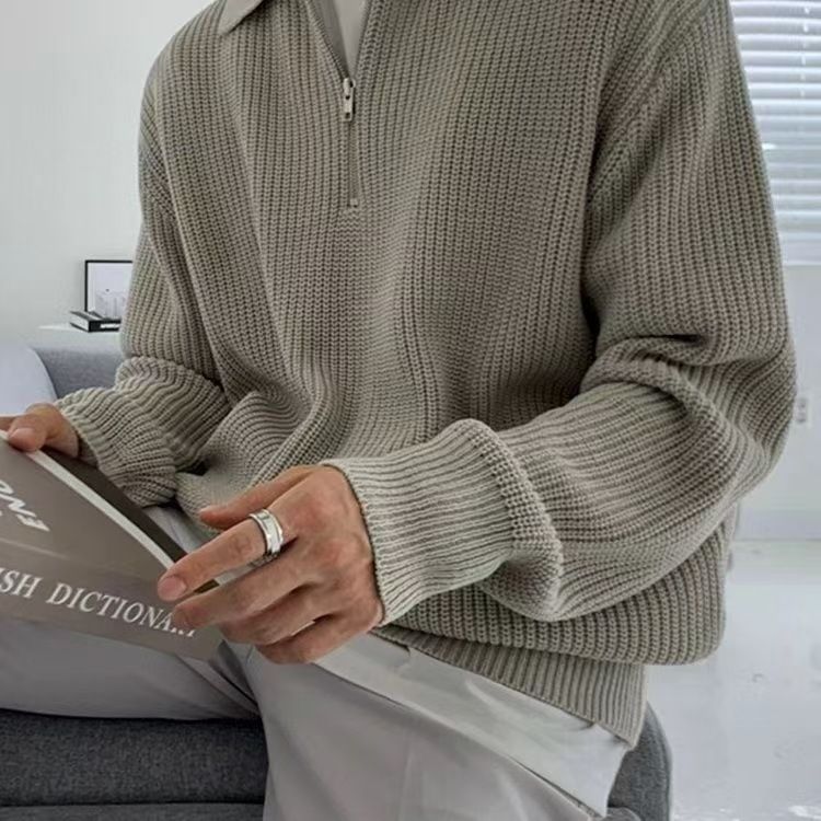 Strickpullover mit halbem Reißverschluss für Herren, Frühling und Herbst, lässiges und einfaches einfarbiges Langarmoberteil_voghion.com