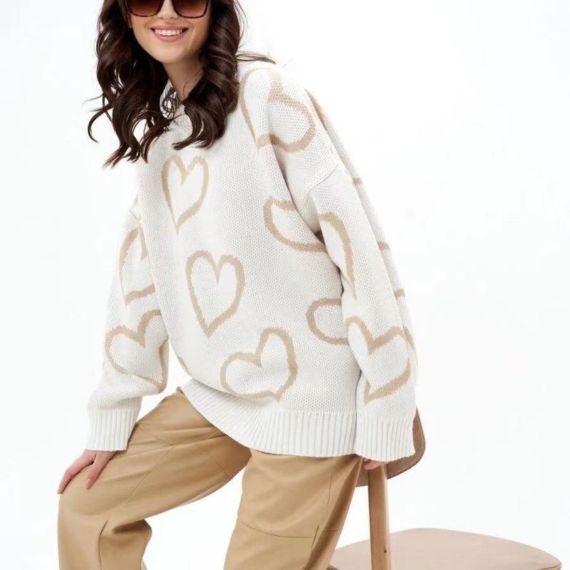 Maglione e maglione da donna pigro con scollo rotondo a forma di cuore, colore a contrasto, pullover lavorato a maglia_voghion.com