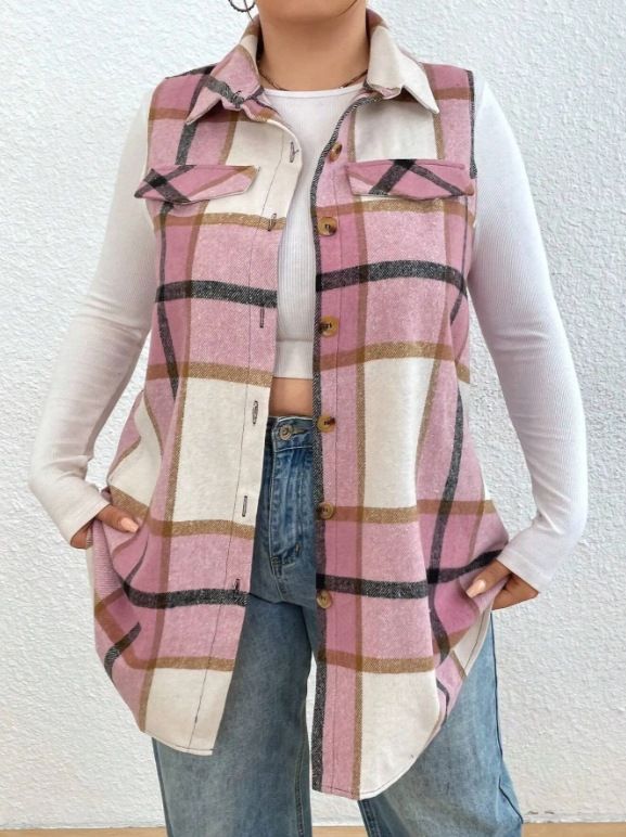 Verve Autumn Winter New Women's Fashion Plaid Sleeveless Turn-down Collar Side Pocket Shirt Vest_voghion.com