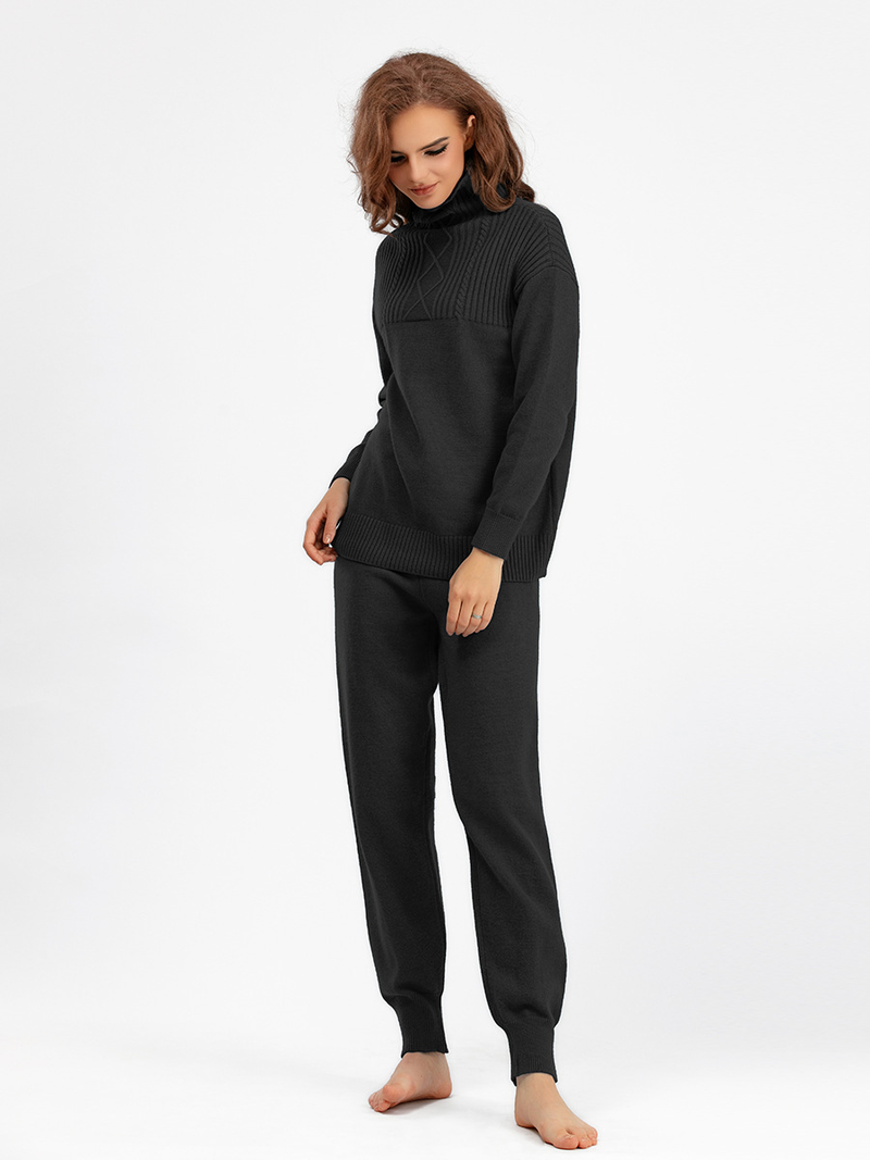 Ensemble de pantalons tricotés doux et polyvalents pour femmes, col mi-haut, pull ample décontracté, vent doux_voghion.com