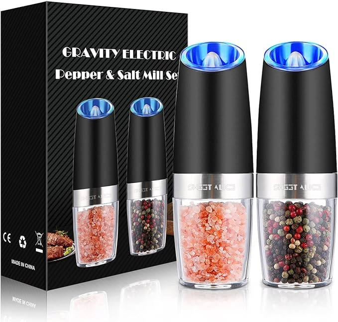 Gravity Electric Pepper/Salt Grinder Set, Adjustable Roughness, Battery Powered With LED Light, One-Hand Automatic Operation_voghion.com