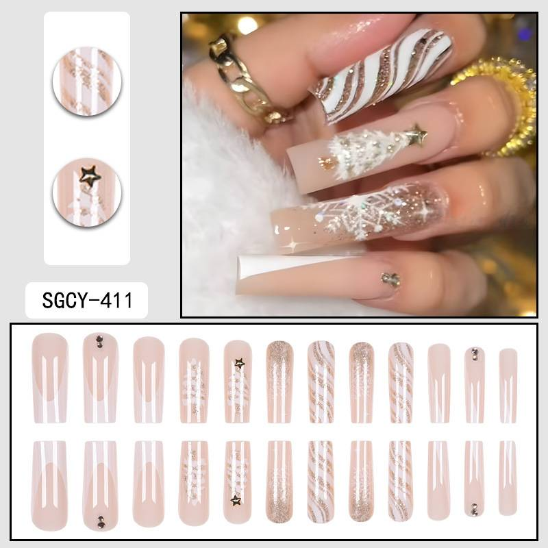 Unghie finte lunghe a pressione, albero di Natale invernale, stelle dorate, fiocchi di neve bianchi, unghie finte con colla/gel, stile Ins, unghie finte alla moda per le donne_voghion.com