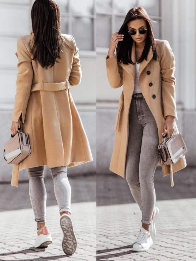 Elegant Double-Breasted Belted Wool Blend Coat For Women - Long Trench Coat With Notch Lapel, Long Sleeves, Pockets - Office, Fall & Winter_voghion.com