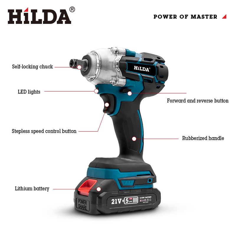 HILDA Cordless Impact Wrench With Lithium Battery, 320Nm Max Torque, 10mm Chuck, 300W Power, 8-Piece Accessory Kit_voghion.com
