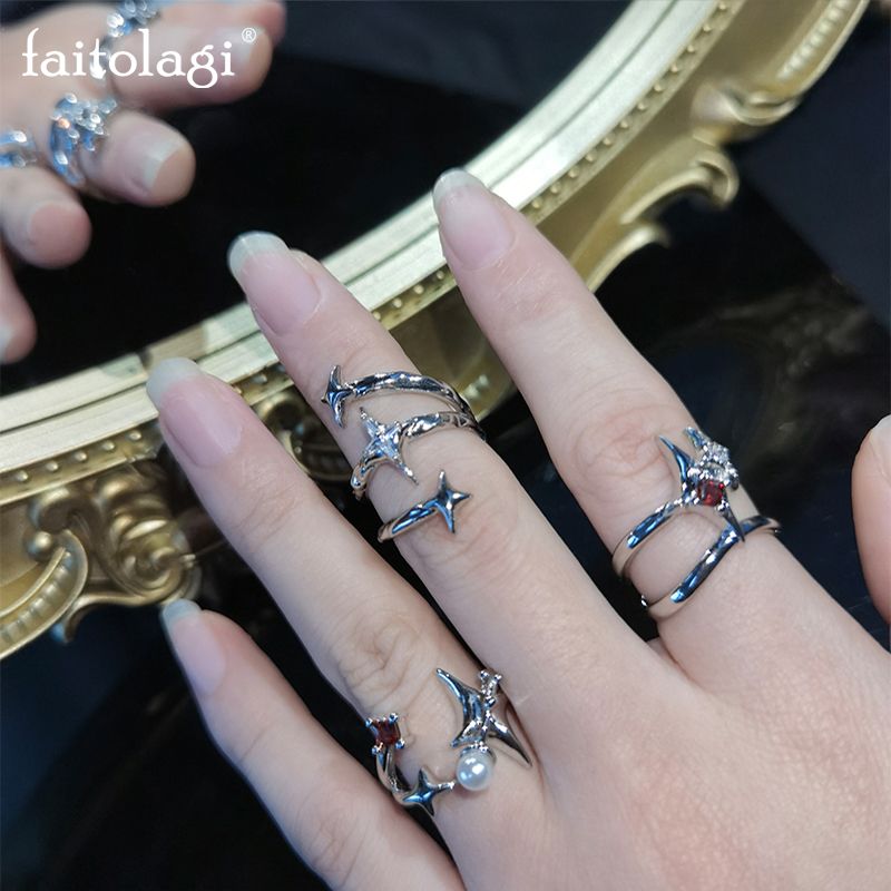 Moda 3 pezzi/set irregolare zircone opale Y2K stella coda di volpe anello di pietra di cristallo gotico ragno rosso pietra di luna anelli set gioielli_voghion.com