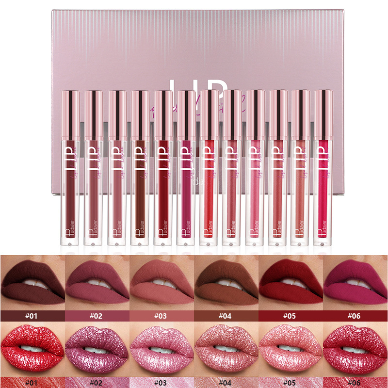 Set di rossetti Pudaier opaco perlescente, brillante e duraturo, incolore, con smalto per labbra a 12 colori_voghion.com