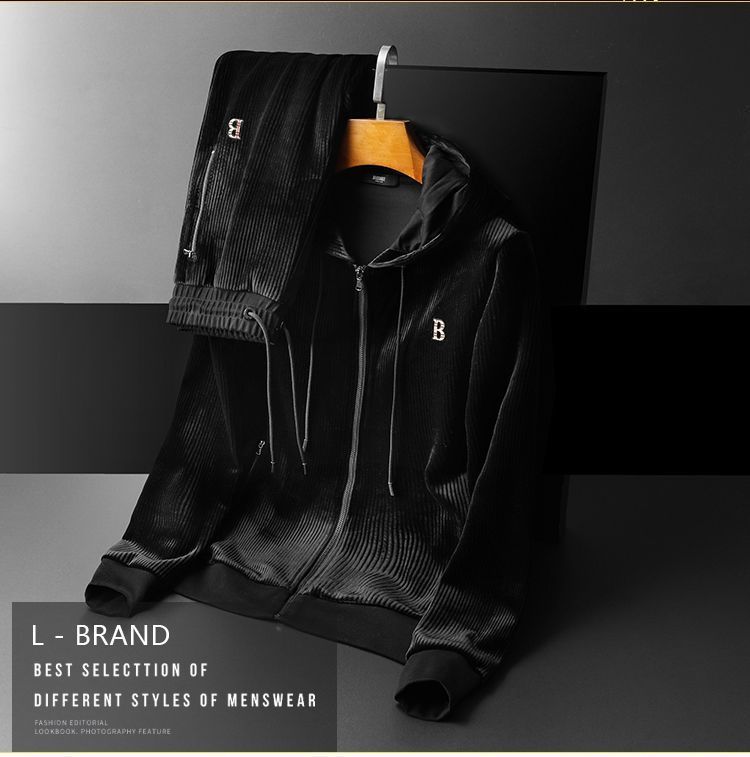 Herren Trainingsanzug-Set aus goldenem Samt, 2-teilig, mit Kapuze, Lounge-Anzug | Locker sitzendes, lässiges Jogger-Outfit für Herbst und Winter | Weiche Veloursjacke und -hose_voghion.com
