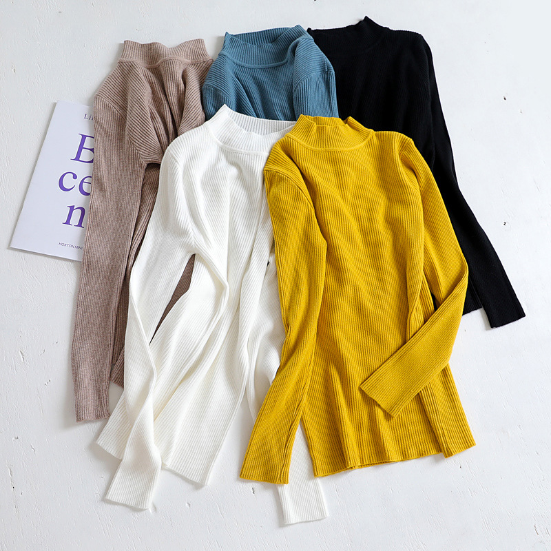 Maglione mezzo dolcevita da donna tinta unita autunno e inverno camicia slim con fondo lavorato a maglia_voghion.com