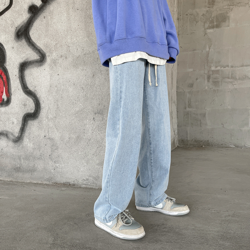 Elastic Waist For Men Korean Version Loose Straight Trendy Men's Jeans With Drawstring_voghion.com