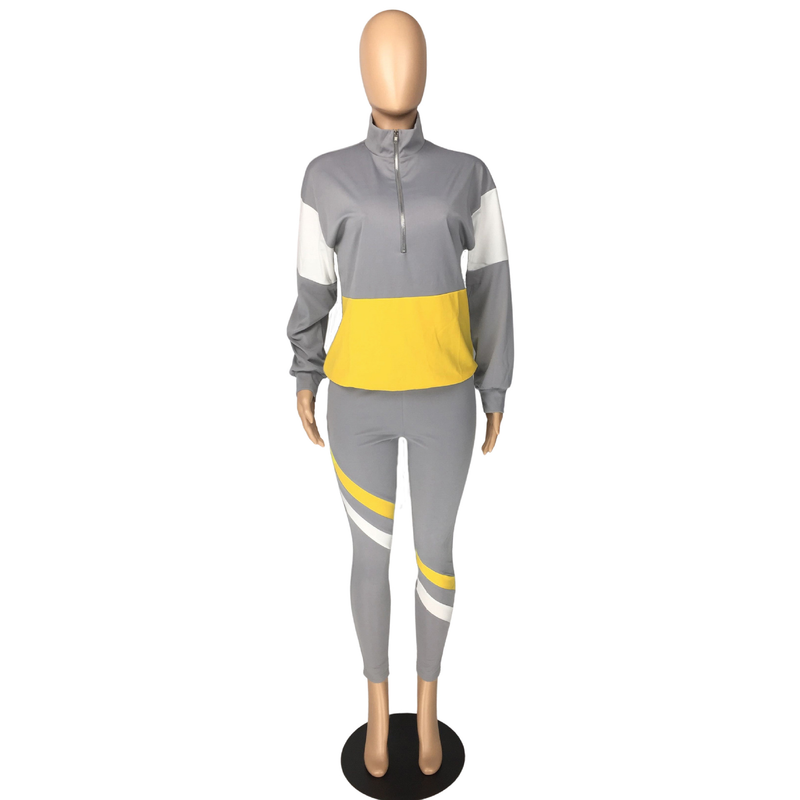 Zweiteiliger Freizeit-Sportanzug für Damen im Farb-Patchwork-Design_voghion.com