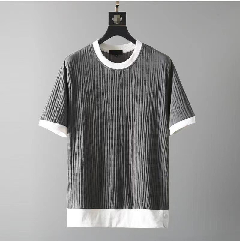 Men's Clothing Summer Thin Ice Silk Sports Men's Color Matching Pleated Large Size T Shirt Nine Point Pants Casual Two Piece Set Foreign Trade_voghion.com