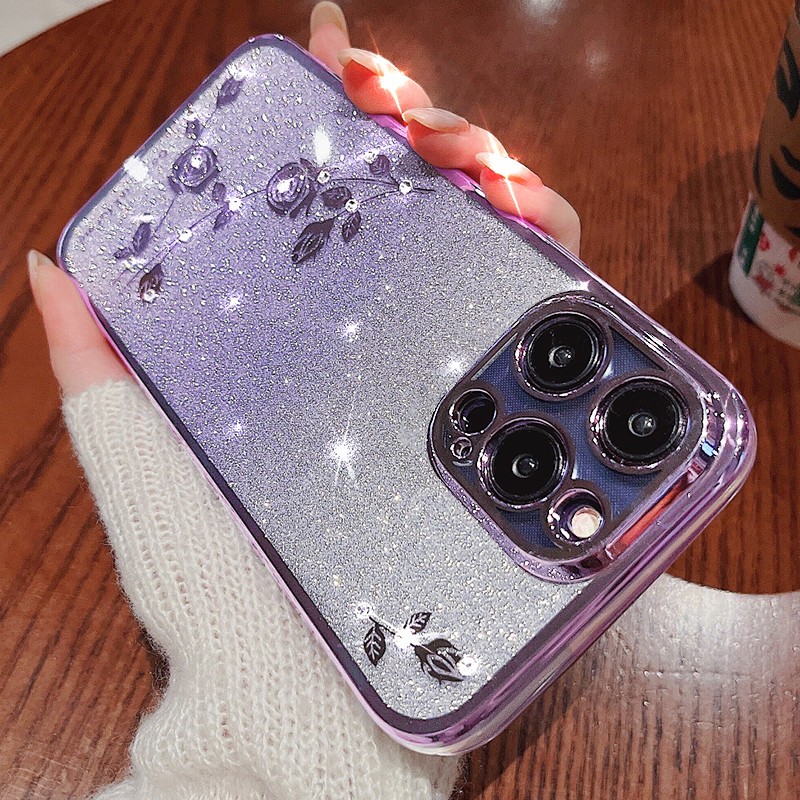 For iPhone 14 Pro Max Case Luxury Glitter Plated Grip Tok Ring Holder Floral Cover for iPhone 11 12 13 mini 7 8 Plus XS Max XR X_voghion.com