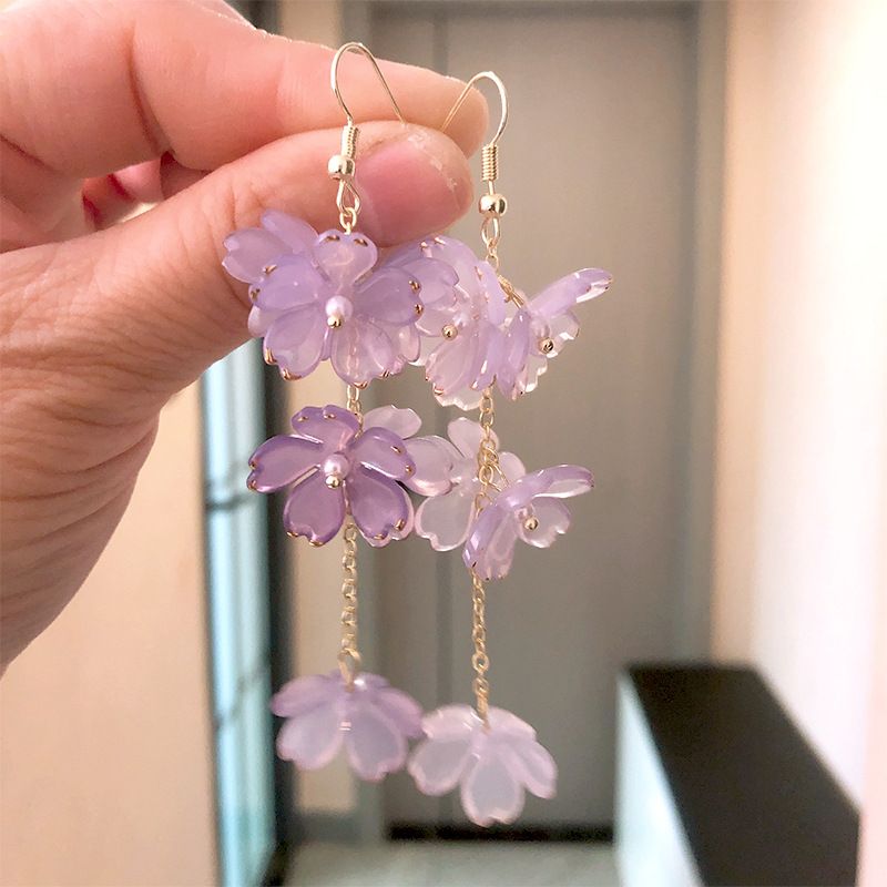 Damen-Schmuckset, modische Super-Feen-Ohrringe mit weißer Blume für Frauen, lange Quaste, Temperament, Netz, roter Ohrhaken, neue Trend-Ohrringe_voghion.com