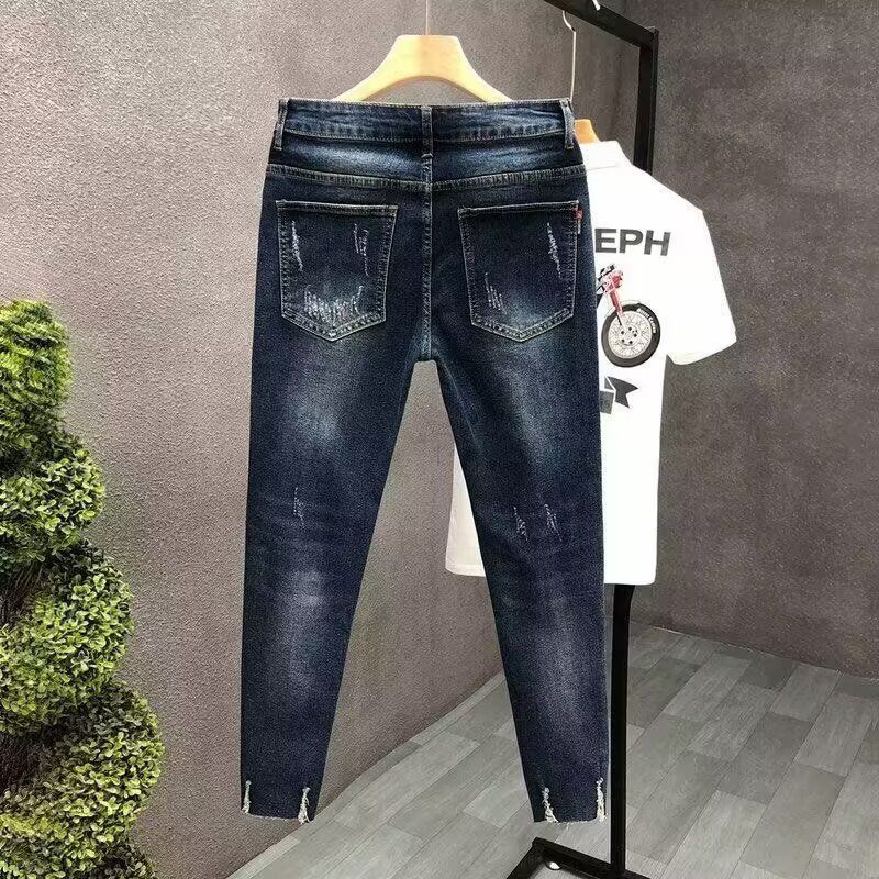 Men's Clothing Spring And Summer Personalized Ripped Jeans Trendy And Versatile Slim Elastic Straight Leg Pants_voghion.com