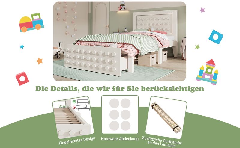 Holzbett 90x200cm Mit Blockdesign, Massivholz, Schubladen, Stauraum, Weiß_voghion.com