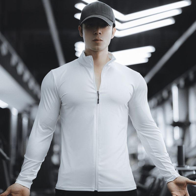 Camiseta de manga larga para hombre, ropa deportiva de primavera y otoño, para correr, fitness, ejercicio, elástica, de secado rápido, con cremallera y color liso_voghion.com