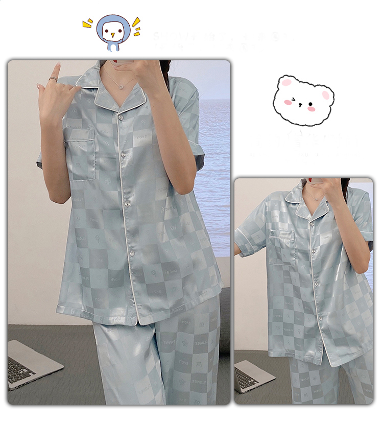 Knopfmode, lässiger Jacquard-Pyjama, Damen-Langarm-Eisseide-Hauskleidung, zweiteiliger Anzug, kann draußen getragen werden_voghion.com
