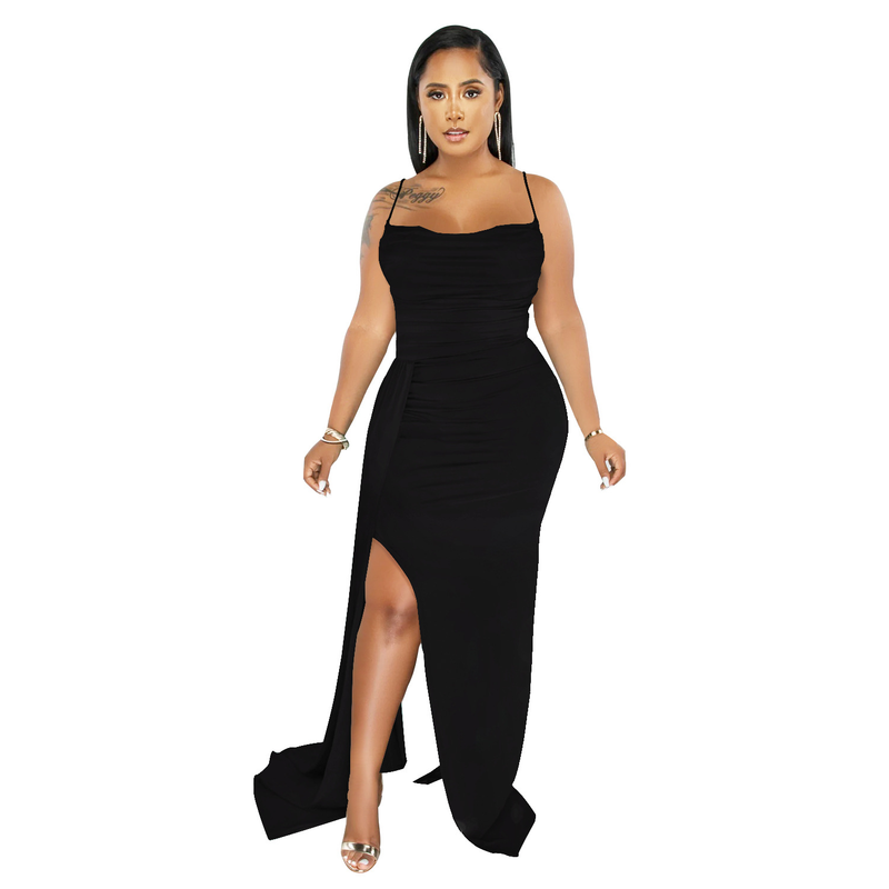 Abbigliamento da donna moda bretelle da donna tinta unita scialle laterale trascinato abito aperto laterale per donna_voghion.com
