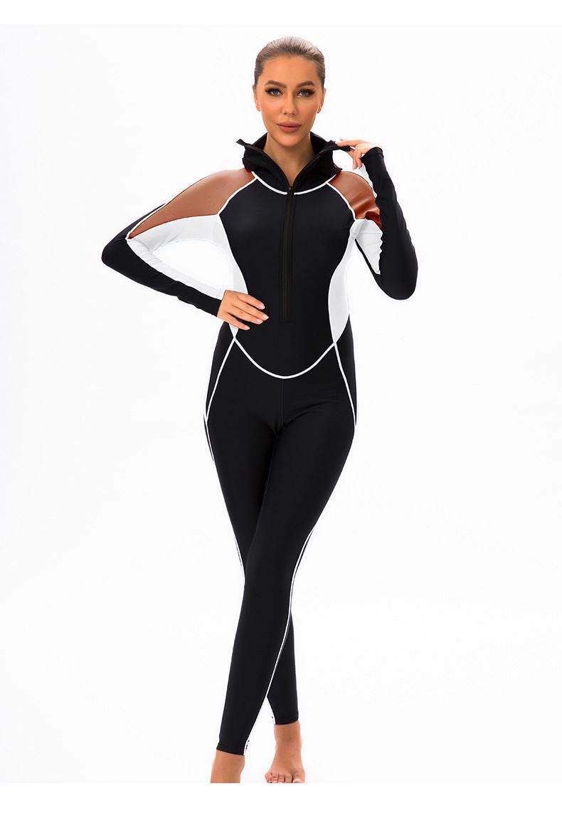 Cross Border New Color Matching One Piece Long Sleeved Sunscreen Women's Swimsuit Middle East Full Coverage Conservative Muslim Trousers Swimsuit_voghion.com