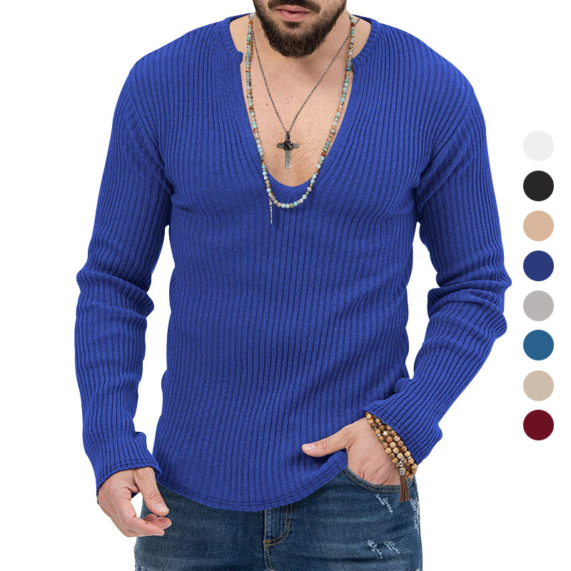 Männer T Shirts Einfarbig V-ausschnitt Langarm Gestrickte Streetwear Herbst Casual Männer Tees 2023 Mode Kleidung_voghion.com