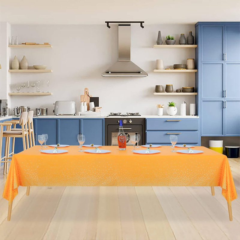 2Pcs orange tablecloths, 54×108 inches, gold dot orange tablecloths, disposable waterproof orange plastic tablecloths_voghion.com