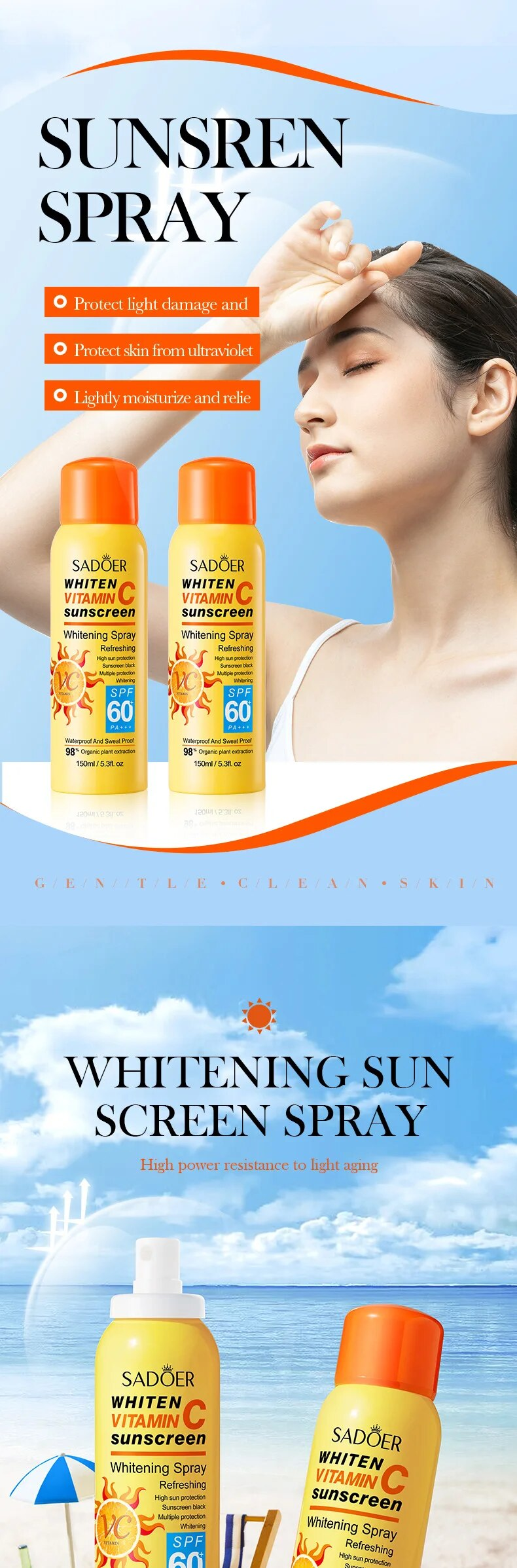 QLZHANFU 150ml Vitamin C Whitening Essence Sunscreen Spray Waterproof Body Moisturizing Hydrating Anti UV Spray Protection For Skin Care_voghion.com