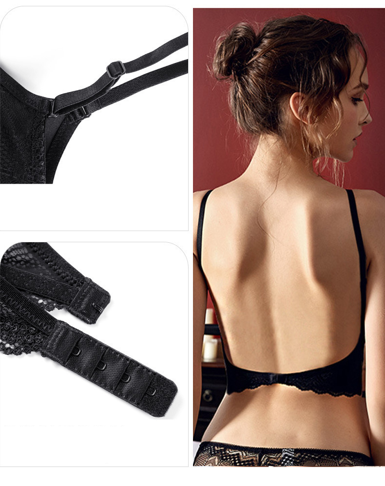 Ropa interior sexy para mujer, sujetador grande sin espalda en forma de U, hermoso sujetador de encaje en la espalda, sin costuras, sin aro de acero, ropa interior push-up de pecho pequeño, verano_voghion.com