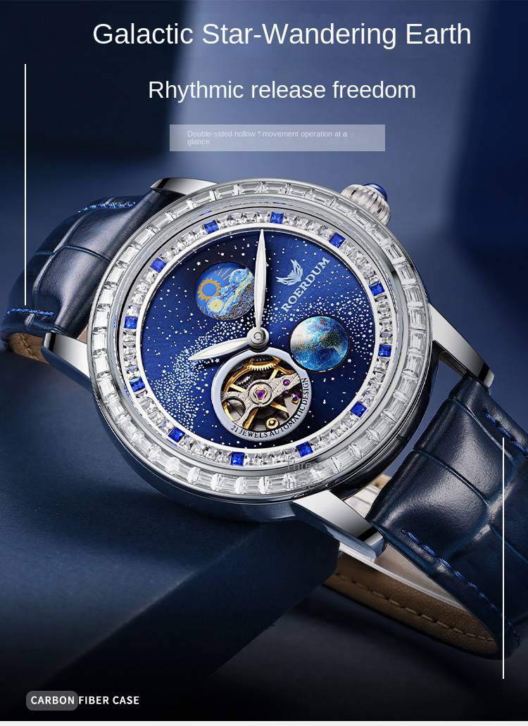 ROERDUM Wandering Planet - Leather Strap, Blue Dial, Trendy Men's Mechanical Watch_voghion.com