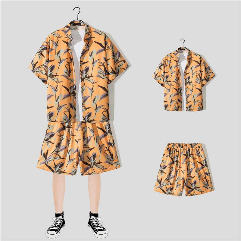 Ensemble de plage décontracté pour homme en été, tenue de plage fine, ample et tendance, short hawaïen et chemise fleurie, deux pièces_voghion.com