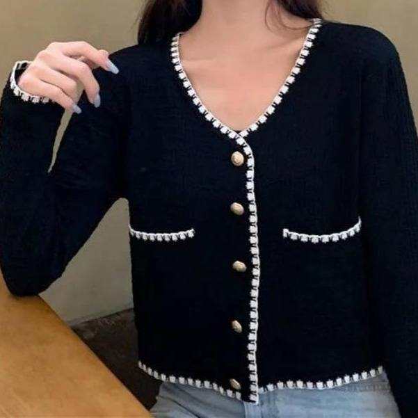 Lichtgewicht V-hals gebreide cardigan voor dames, dunne top met lange mouwen en open voorkant, korte cropped blouse met vetersluiting_voghion.com
