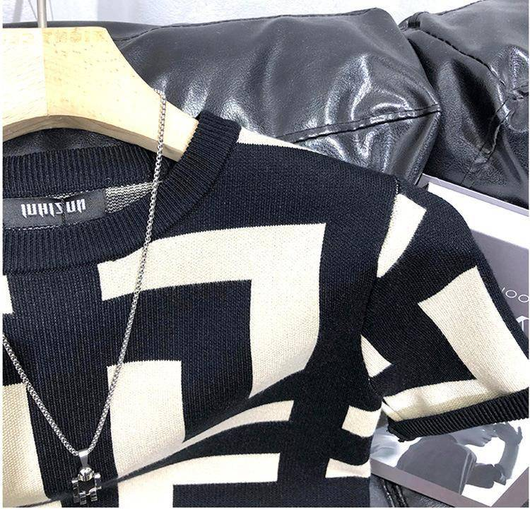 Spring And Autumn Geometric Pattern Base Layer Men's Fitted Casual Short-sleeved Knitted Top Layer Summer T-shirt Men's_voghion.com