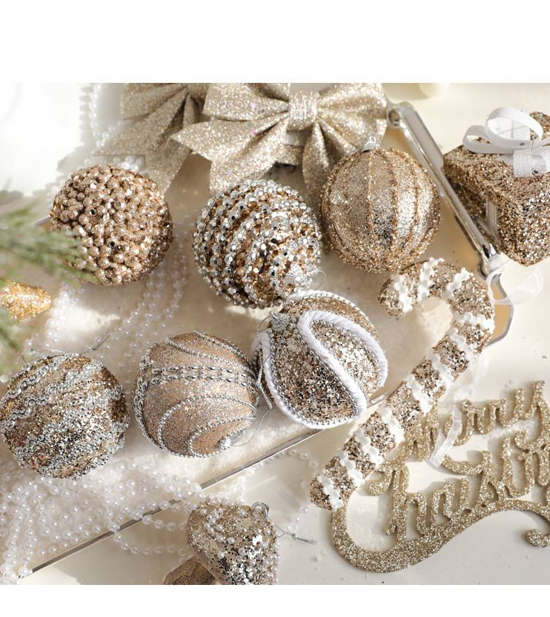 Christmas Tree Ornaments Set - 8 Unique Decorative Balls With Gold Glitter Stars Bows & Beads For Festive Holiday Decor_voghion.com