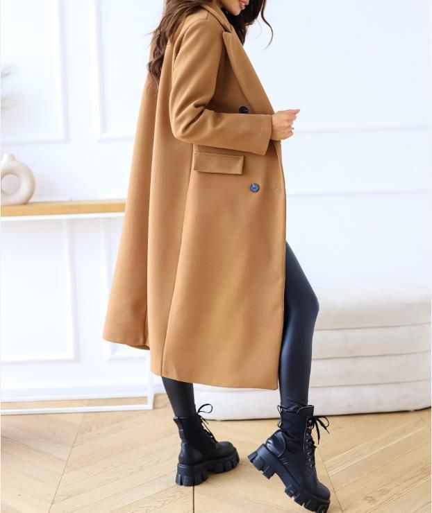 Cappotto lungo doppiopetto in lana - Classico trench britannico da donna con revers a lancia (S-3XL, cachi/marrone/nero/blu navy/blu reale)_voghion.com