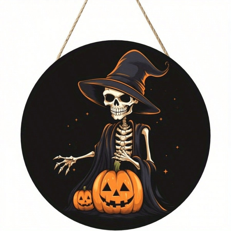 Halloween Decoration Home Room Decor,Halloween Wooden Welcome Sign-Witch And Pumpkin Skeleton, Classic Farmhouse Decor For Entryway, 7.87X7.87 Inches_voghion.com