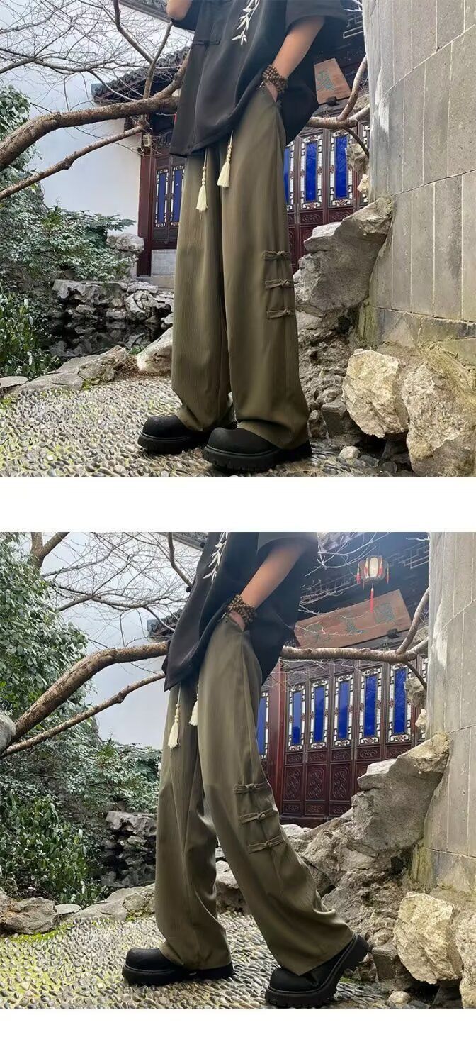 New Chinese style button up for men's summer new high-end feeling, sagging and loose fitting straight wide leg casual_voghion.com