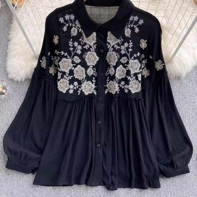 Damenbekleidung, böhmische bestickte Bluse, Damen-Vintage-Blumenbluse, lockere Passform, langärmliges Tunika-Oberteil mit Puffärmeln für lässige Urlaubskleidung_voghion.com