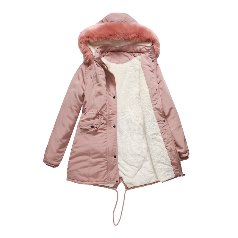 Giacca imbottita da donna calda imbottita in cotone con cotone ispessito e soffice, berretto staccabile, ampio collo in pelliccia_voghion.com