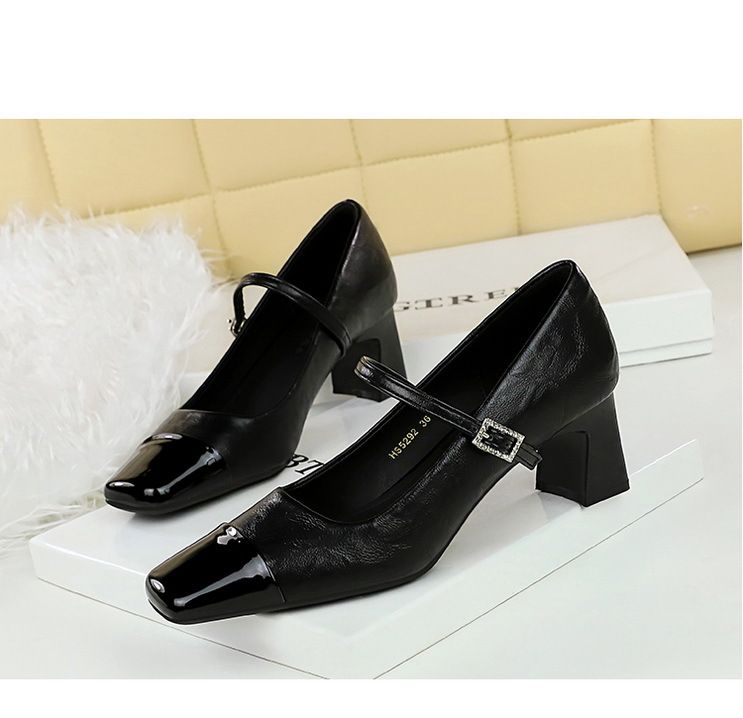 5292 Wind Thick Heel Shallow Mouth Splicing Square Head Water Diamond Buckle Strap Single Shoe Spring and Autumn Women's_voghion.com